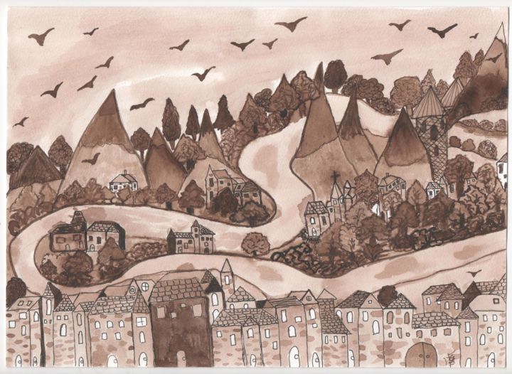 Peinture intitulée "village" par Sophie Ferrandis (soffy), Œuvre d'art originale, Encre