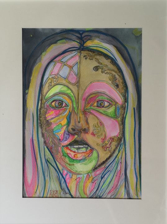 Peinture intitulée "Behind the mask" par Franck Ferrao (Kiki), Œuvre d'art originale, Aquarelle