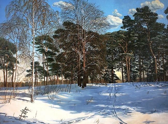 Painting titled ""Морозный день в ле…" by Fesenkos, Original Artwork, Oil