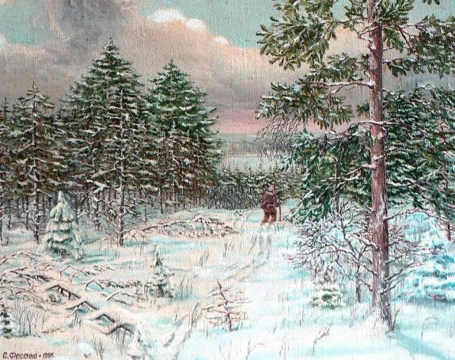 Malarstwo zatytułowany „"Охотник в зимнем л…” autorstwa Fesenkos, Oryginalna praca, Olej