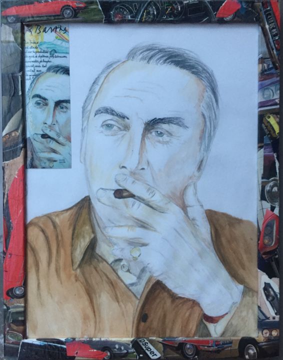 Schilderij getiteld "Roland Barthes orig…" door Gilles David, Origineel Kunstwerk, Aquarel Gemonteerd op Houten paneel