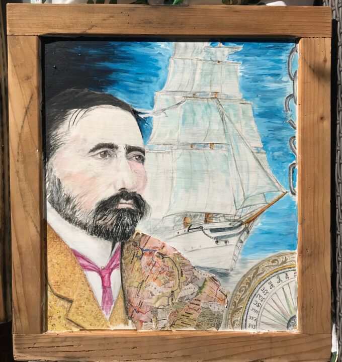 Malerei mit dem Titel "Joseph Conrad" von Gilles David, Original-Kunstwerk, Öl Auf Holzplatte montiert