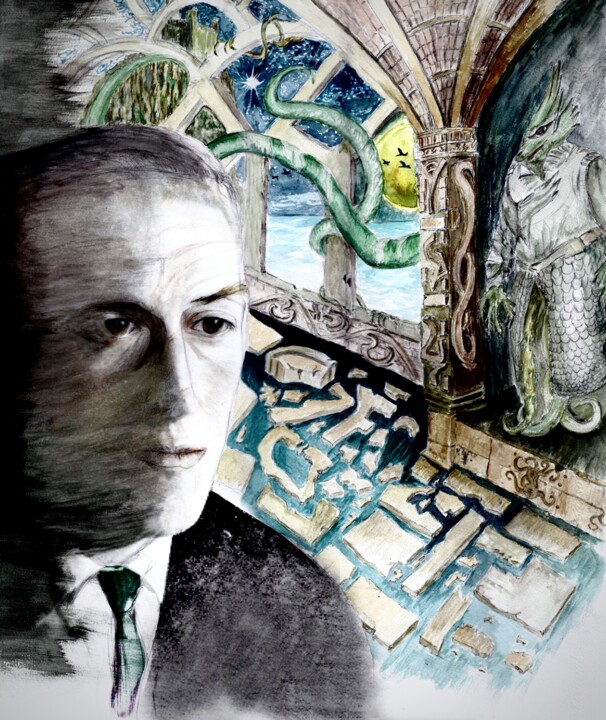 Картина под названием "H.P Lovecraft / ori…" - Gilles David, Подлинное произведение искусства, Акрил Установлен на Деревянна…