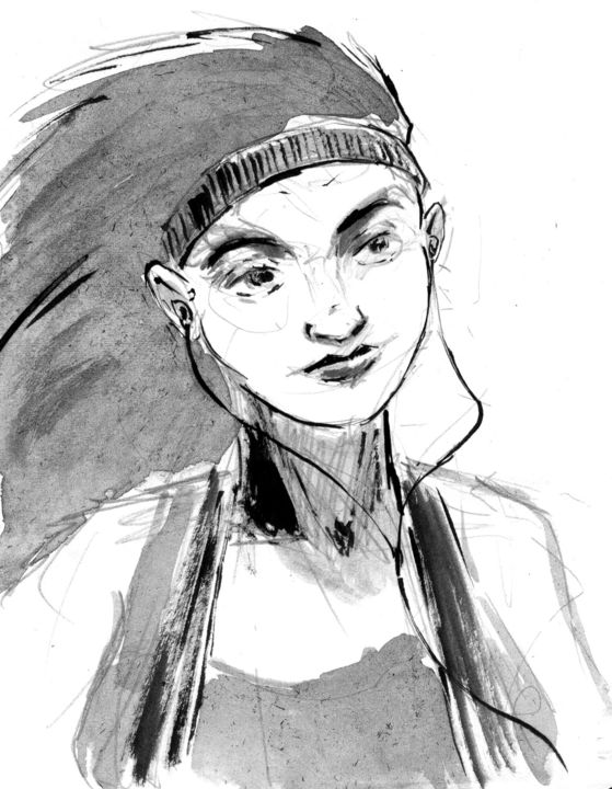 Drawing titled "Crinière (portrait)" by Fidel Durana, Original Artwork, Ink