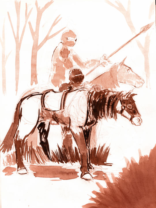 Dessin intitulée "Cavaliers" par Fidel Durana, Œuvre d'art originale, Encre
