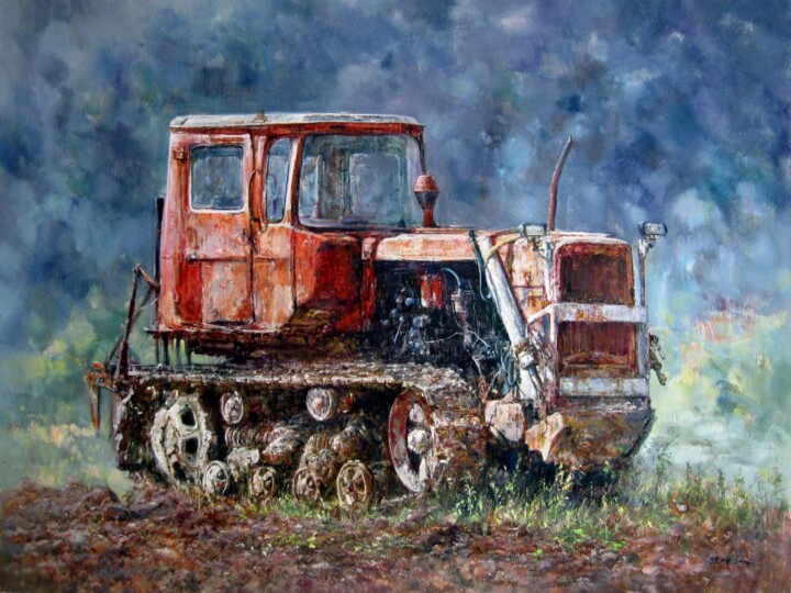 Painting titled "An old tractor" by Field Lynn, Original Artwork, Oil