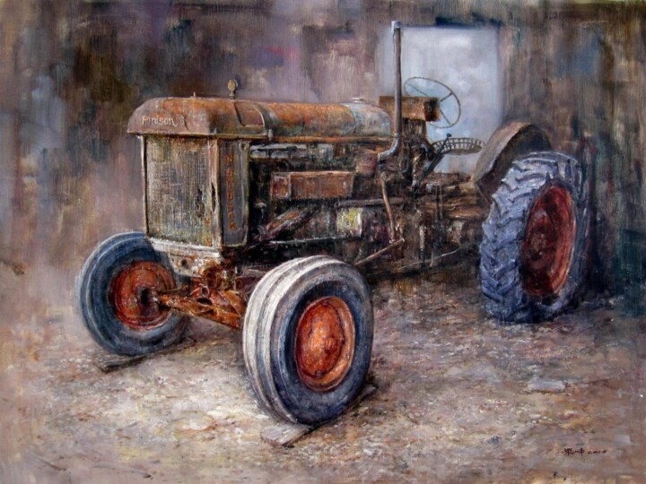 Painting titled "Old Tractor 002" by Field Lynn, Original Artwork, Oil