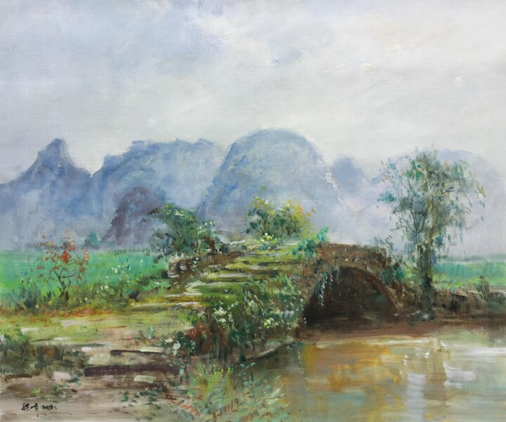 Painting titled "Stone bridge" by Field Lynn, Original Artwork, Oil Mounted on Wood Stretcher frame
