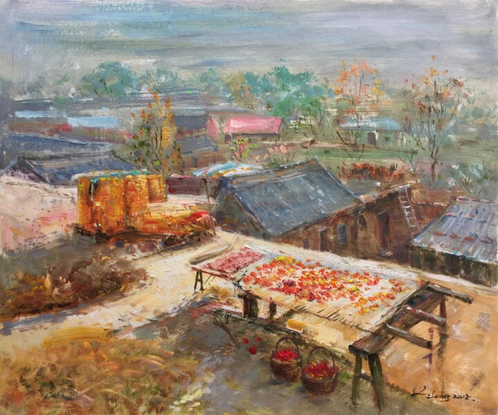 Painting titled "Village view" by Field Lynn, Original Artwork, Oil Mounted on Wood Stretcher frame