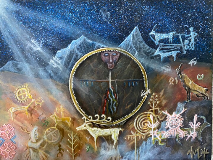 Drawing titled "The shaman drum" by Fikret Şen, Original Artwork, Acrylic