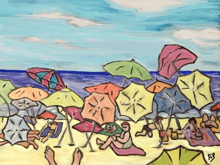 Peinture intitulée "La plage a parasol" par Fil, Œuvre d'art originale, Pastel