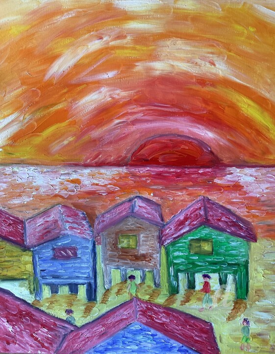 Peinture intitulée "Plage des chalets" par Fil, Œuvre d'art originale, Huile