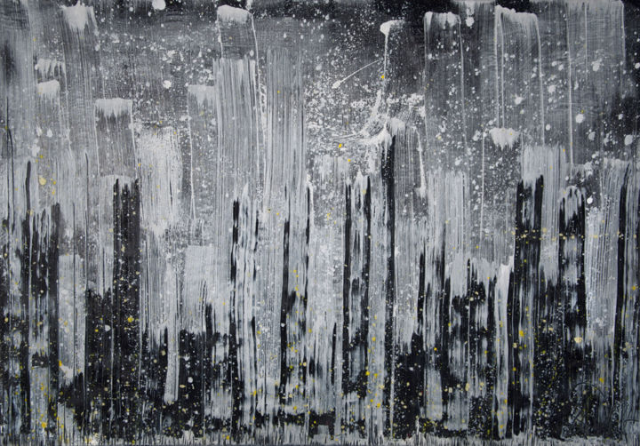 Painting titled "snowfall in the city" by Filip Pavlík, Original Artwork, Oil
