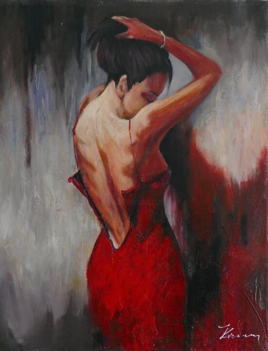 Painting titled "Woman in a red dres…" by Filip Petrovic, Original Artwork, Oil