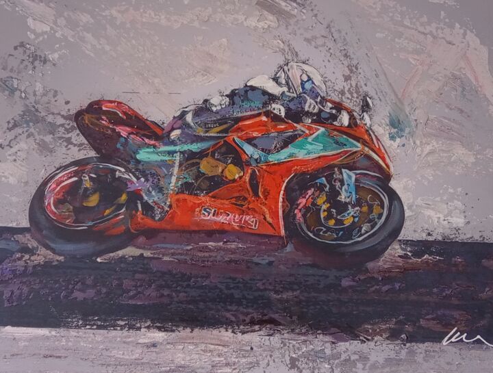 Painting titled "Red motorcycle oil…" by Filip Petrovic, Original Artwork, Oil