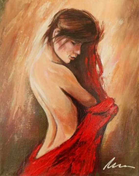 Peinture intitulée "Nude woman in a red…" par Filip Petrovic, Œuvre d'art originale, Acrylique