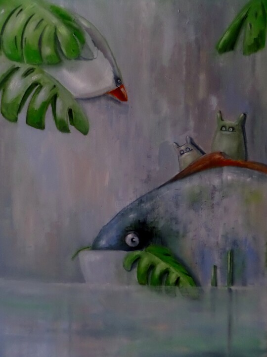 Malerei mit dem Titel ""Monstera travel"" von Filipa Uskyte, Original-Kunstwerk, Öl