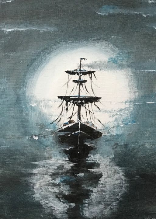 Painting titled "Barco á noite 2" by Filipe Correia, Original Artwork, Acrylic