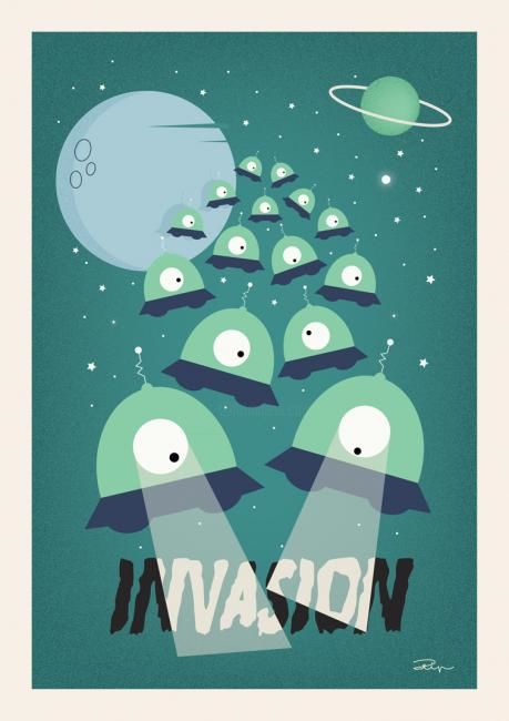 Digitale Kunst mit dem Titel "PINGA UFO INVASION" von Filip Lasseel, Original-Kunstwerk