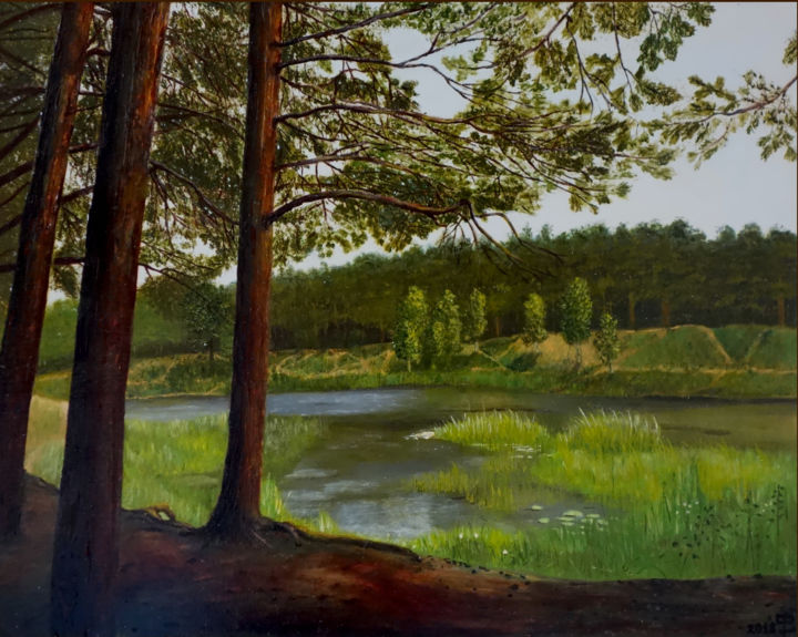 Peinture intitulée "Pines by the lake (…" par Lyudmila Filippova, Œuvre d'art originale, Huile Monté sur Châssis en bois