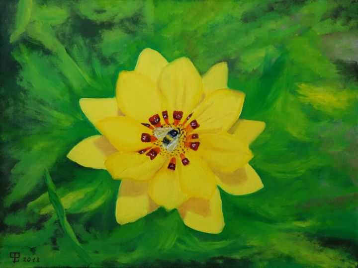 Картина под названием "Bumblebee on yellow…" - Lyudmila Filippova, Подлинное произведение искусства, Масло Установлен на Дер…