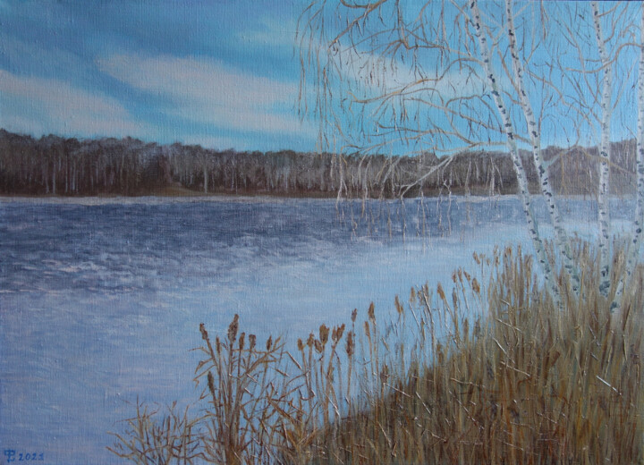 Картина под названием "Birch trees by a sn…" - Lyudmila Filippova, Подлинное произведение искусства, Масло Установлен на Дер…