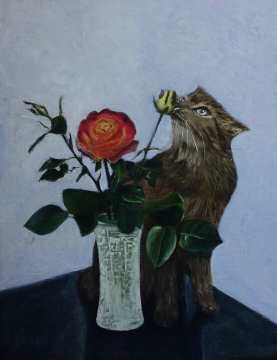 Картина под названием "Cat and vase of flo…" - Lyudmila Filippova, Подлинное произведение искусства, Масло Установлен на Дер…