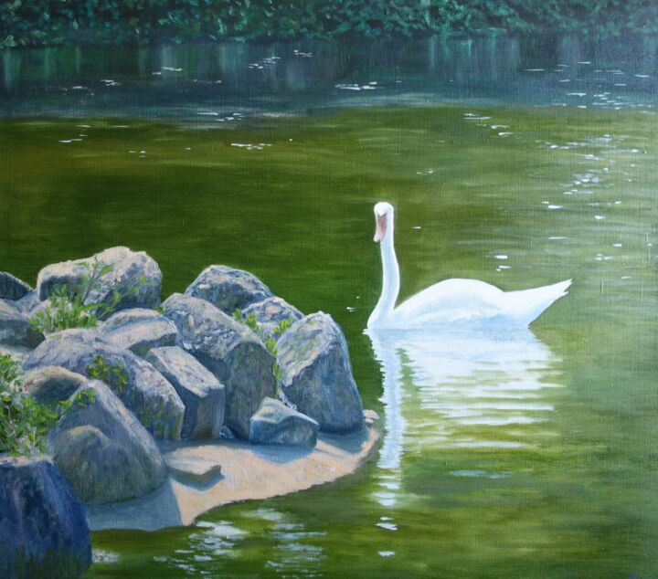 Картина под названием "White swan on the l…" - Lyudmila Filippova, Подлинное произведение искусства, Масло Установлен на Дер…