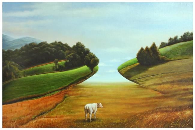 Pittura intitolato "A lamb roaming with…" da Igor Lysenko, Opera d'arte originale, Olio