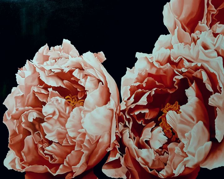 「BEAUTIFUL RED PEONY」というタイトルの絵画 Luigi Maria De Rubeisによって, オリジナルのアートワーク, オイル