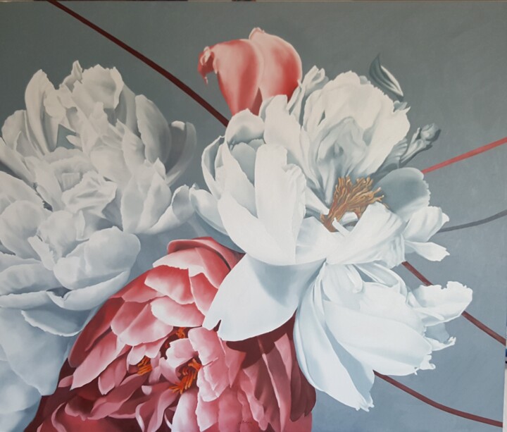 Painting titled "THREE PEONIES" by Luigi Maria De Rubeis, Original Artwork, Oil