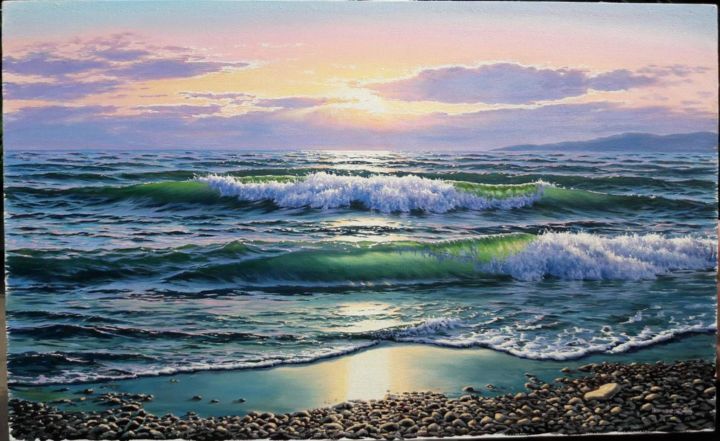 Картина под названием "Закат на море" - Эдуард Финиревский, Подлинное произведение искусства, Масло