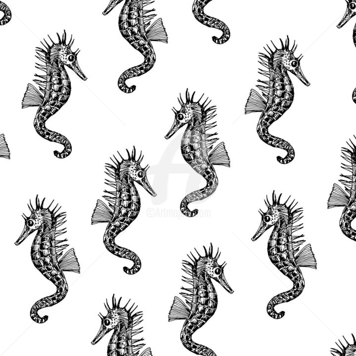 Drawing titled "Hippocampe seahorse" by Studio Figi, Original Artwork, Ballpoint pen