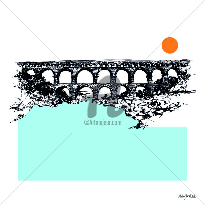 Tekening getiteld "Pont du Gard" door Studio Figi, Origineel Kunstwerk, Gelpen