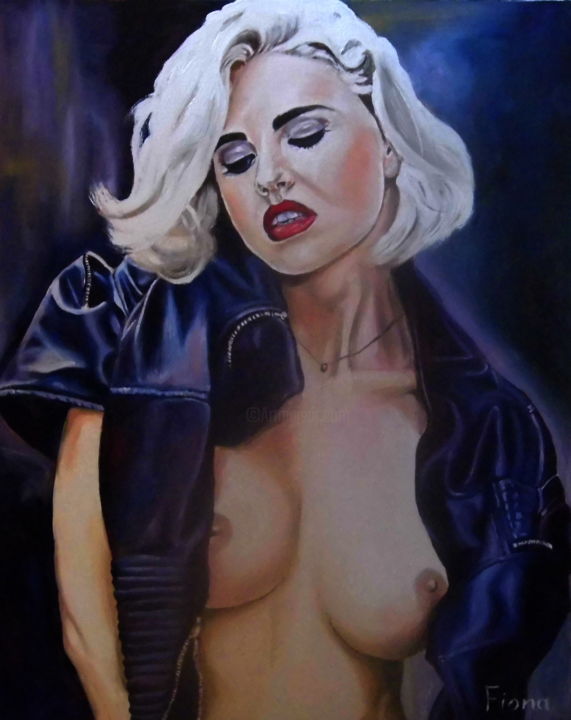 Painting titled "Nude in leather jac…" by Fiona H Cooper, Original Artwork, Oil