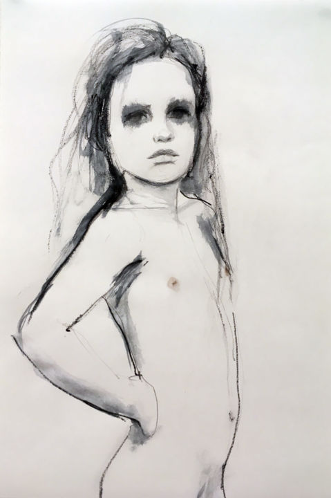 Peinture intitulée "Little girl with at…" par Fiona Maclean, Œuvre d'art originale, Aquarelle