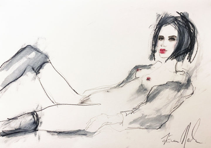 Peinture intitulée "Reclining nude - Ho…" par Fiona Maclean, Œuvre d'art originale, Gouache