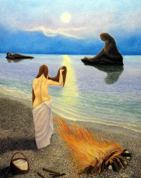 Painting titled "donna-sulla-spiaggi…" by Fiorenzo Isaia, Original Artwork, Oil