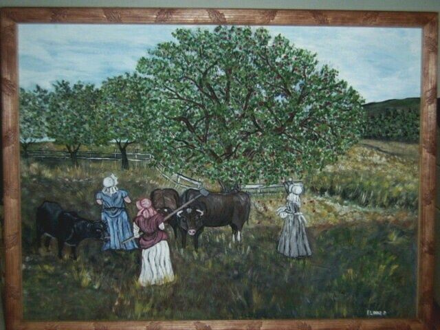 Painting titled "In the apple orchard" by Frieda Linke, Original Artwork