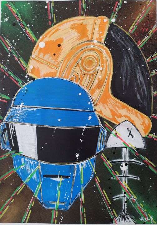 Painting titled "Daft & Fish Punk" by Fish, Original Artwork, Marker