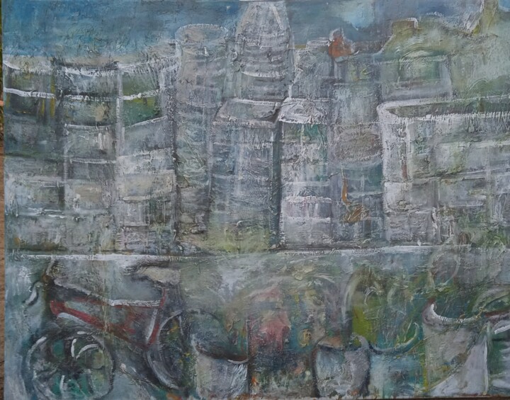 Painting titled "Desde mi terraza" by Flavia Andrade Zangheri, Original Artwork, Oil Mounted on Wood Stretcher frame