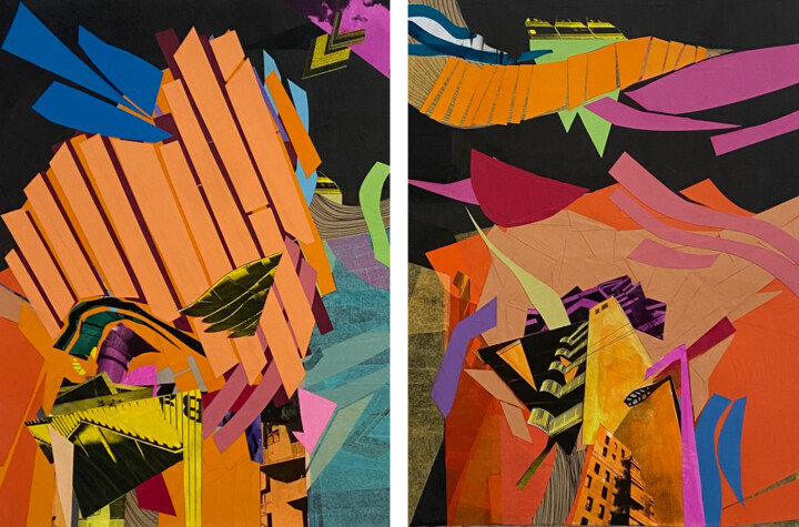 Collages getiteld "Strates rutilants" door Flavia Sueng, Origineel Kunstwerk, Collages Gemonteerd op Frame voor houten branc…