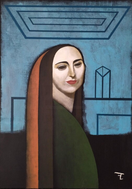 Schilderij getiteld "Femme à la cheminée" door Flavien Couche, Origineel Kunstwerk, Acryl Gemonteerd op Frame voor houten br…