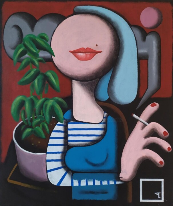 Painting titled "La muse et le basil…" by Flavien Couche, Original Artwork, Acrylic Mounted on Wood Stretcher frame
