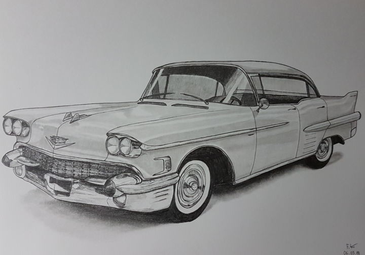 Tekening getiteld "Cadillac Sedan 1958" door Flavio Granito, Origineel Kunstwerk, Grafiet