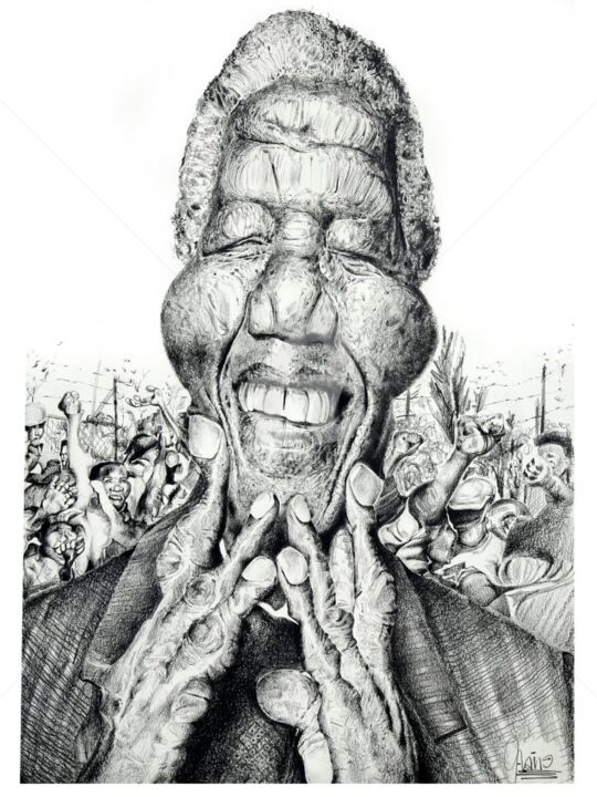 Desenho intitulada "Caricatura Madiba" por Flávio Miranda, Obras de arte originais, Outro