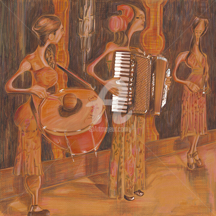 Drawing titled "Trio Forró Pé de Se…" by Flávio Miranda, Original Artwork, Pencil