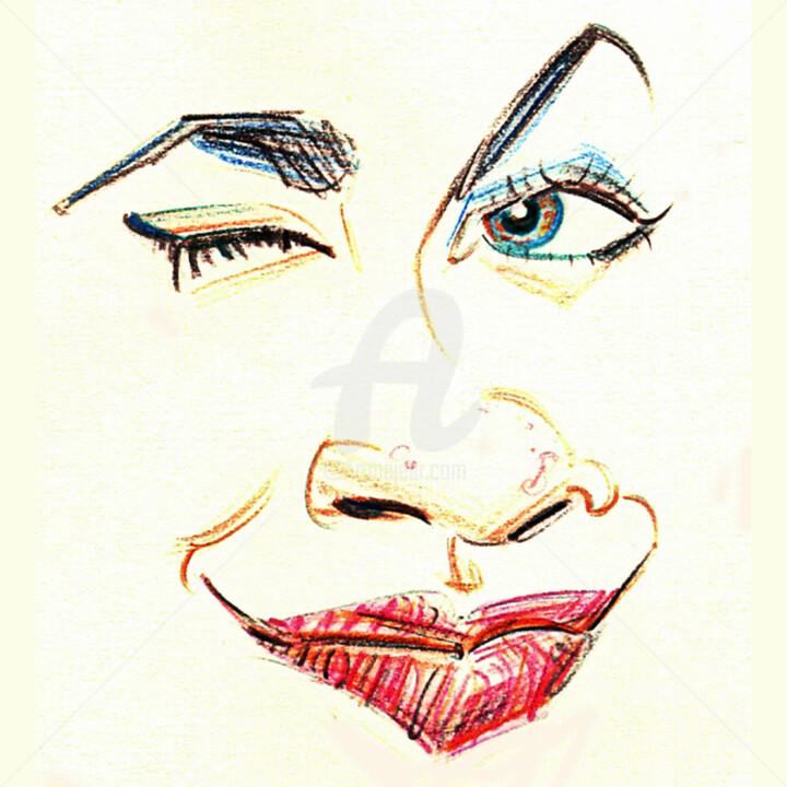 Zeichnungen mit dem Titel "Female Wink" von Flávio Miranda, Original-Kunstwerk, Bleistift