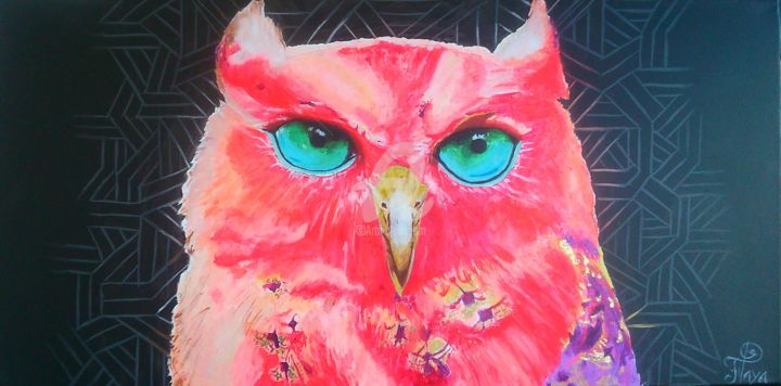 Painting titled "Red Owl" by Flaya, Original Artwork, Acrylic