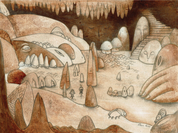 Drawing titled "Grotte des lutins" by Fleur Claireux, Original Artwork, Pencil Mounted on Cardboard